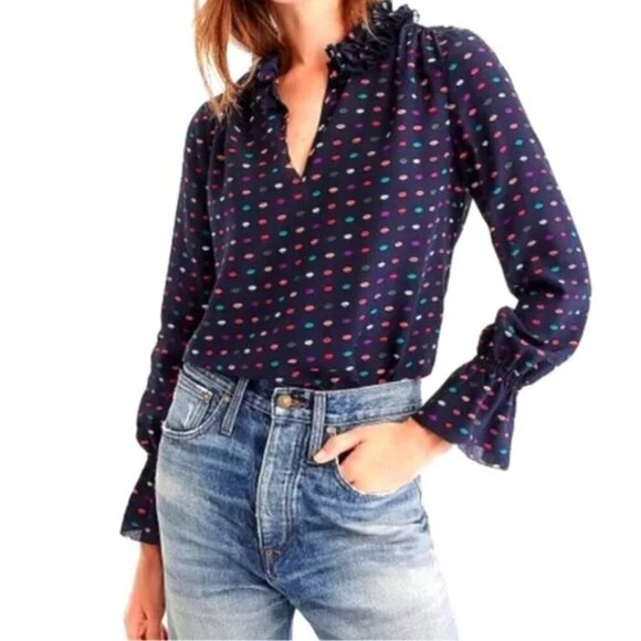 J. Crew Tops - J. Crew 100% Silk Valentine's Lips Ruffle Neck Blouse Sheer Romantic Flirty Kiss